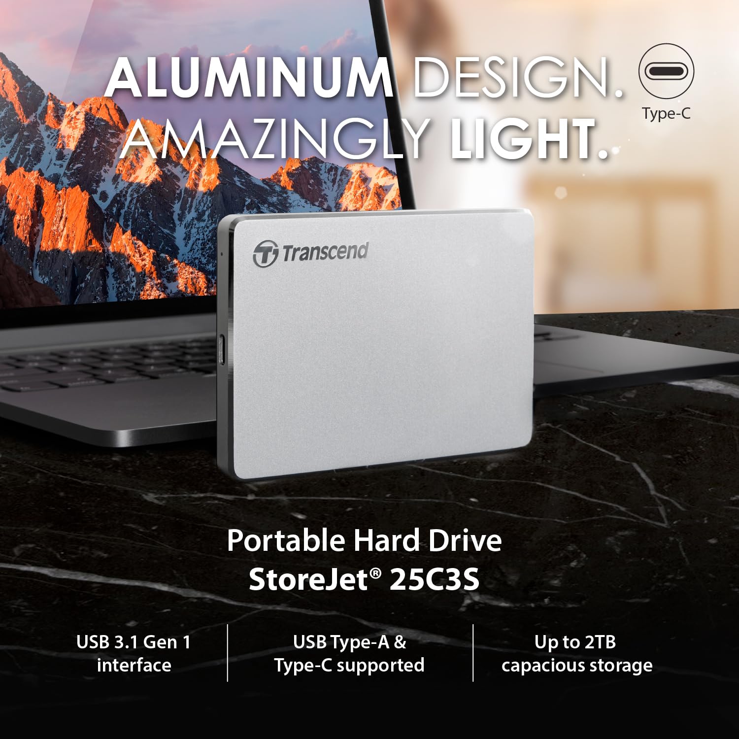 Transcend 1TB SJ25C3S, Portable External Hard Drive, Sleek Aluminum casing, Type C, Silver - TS1TSJ25C3S - Image 3