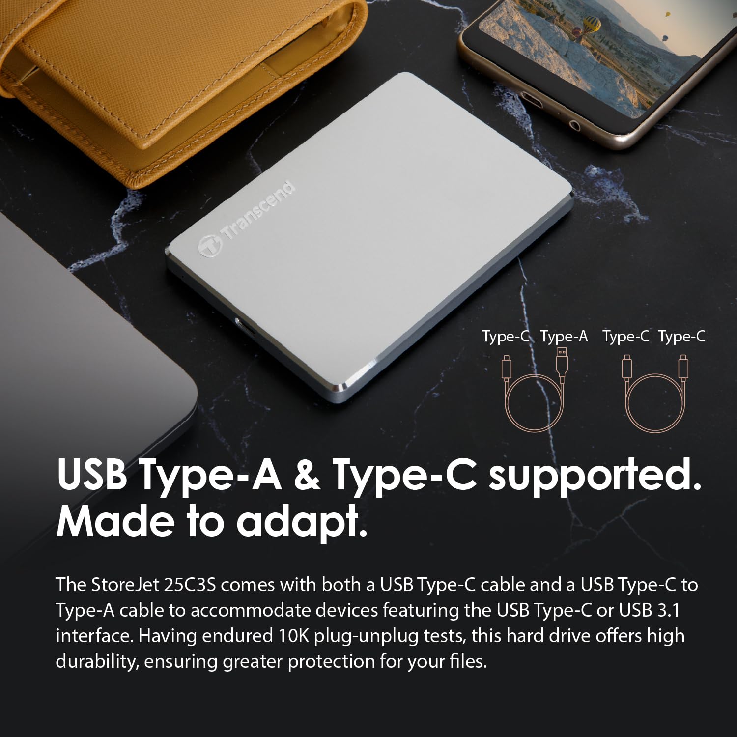 Transcend 1TB SJ25C3S, Portable External Hard Drive, Sleek Aluminum casing, Type C, Silver - TS1TSJ25C3S - Image 5