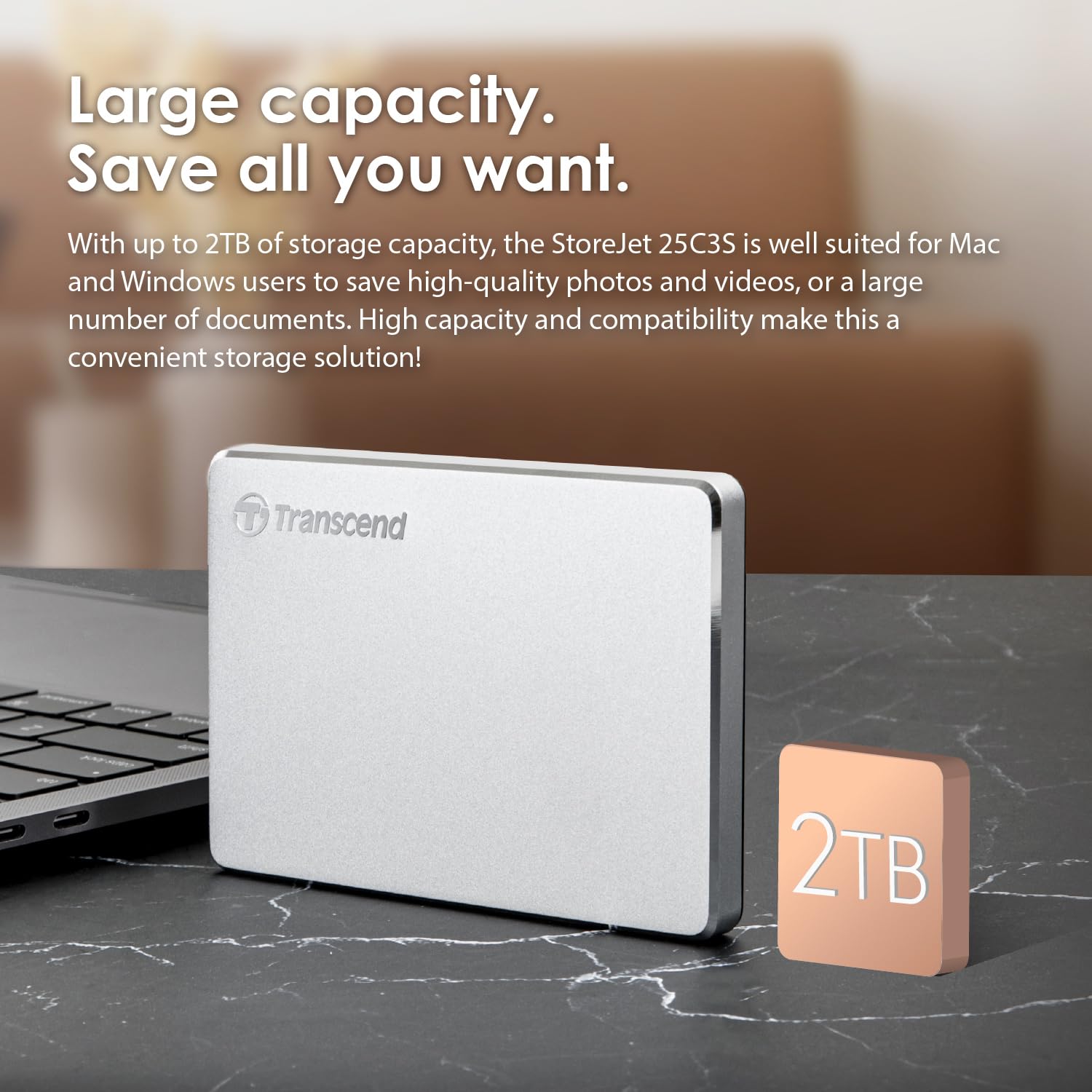Transcend 1TB SJ25C3S, Portable External Hard Drive, Sleek Aluminum casing, Type C, Silver - TS1TSJ25C3S - Image 7