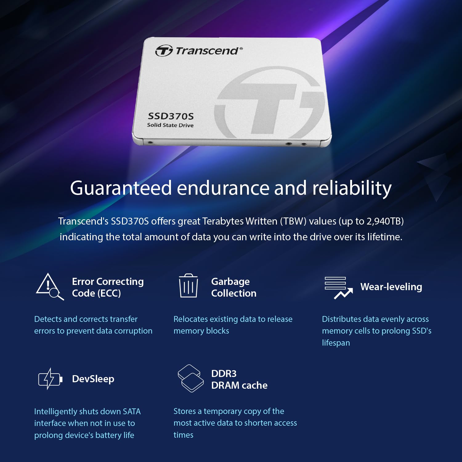 Transcend 32GB SSD370S 2.5" SATA3 SSD, Solid State Drive, Guaranteed Endurance and Reliability, Dram Cache, MLC - TS32GSSD370S - Image 6