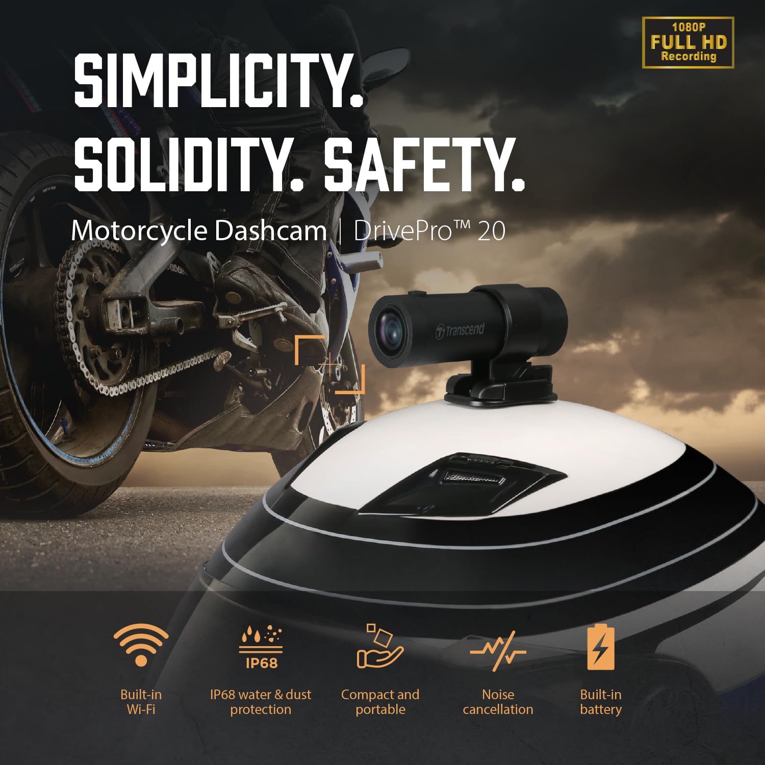 Transcend 64GB, 2K 1440p Motorcycle Dash Cam, 140 Wide-Angle, Built-in WiFi,G-Sensor, Night Vision, IP68, Emergency Recording, for Bikes, Motorcycles - TS-DP20A-64G - Image 3