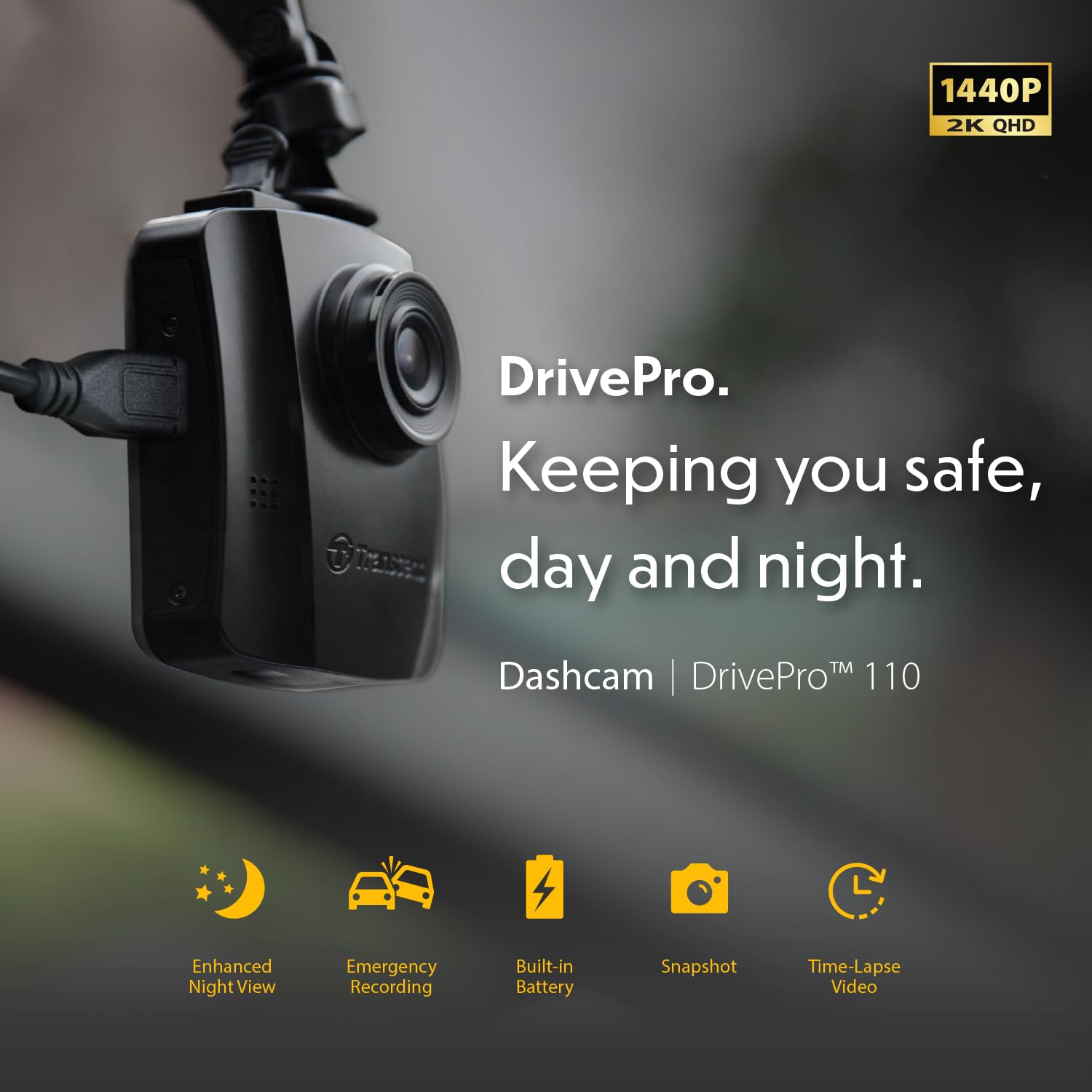 Transcend 64GB, 2K Dash Cam, 140 Wide-Angle, 2.4 Display, Built-in G-Sensor, Night Vision, Driver Fatigue Alert, for Cars - TS-DP110M-64G - Image 4