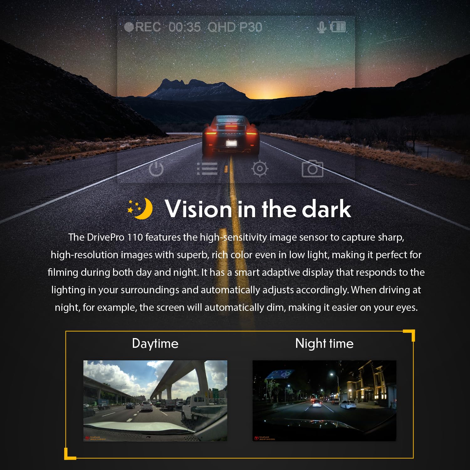 Transcend 64GB, 2K Dash Cam, 140 Wide-Angle, 2.4 Display, Built-in G-Sensor, Night Vision, Driver Fatigue Alert, for Cars - TS-DP110M-64G - Image 5