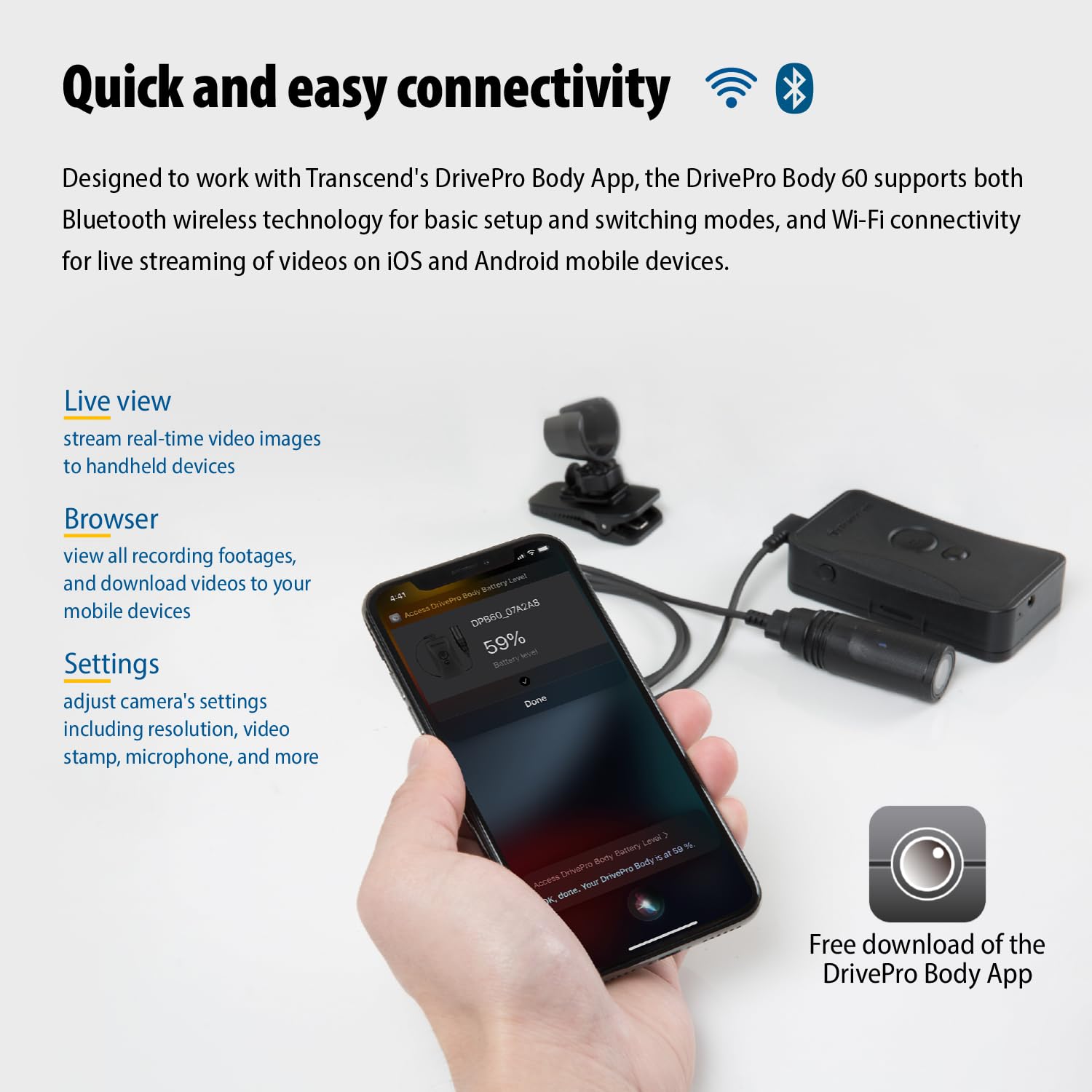 Transcend 64GB, DrivePro Body 60, Body Camera, Wi-FI & Bluetooth, GPS, IP67 Weatherproof, 10-Hour Battery Life, Tethered Camera, Ideal for Law Enforcement & Security - TS64GDPB60A - Image 7