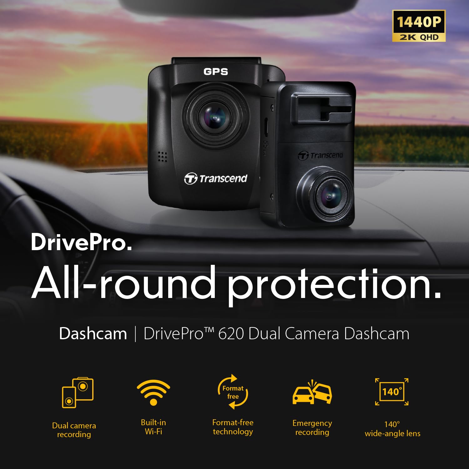 Transcend 64GB, Dual Camera Dash Cam Front and Rear Inside, 140 Wide-Angle, 2.4 Display, Built-in WiFi GPS,G-Sensor, Night Vision, Loop Recording, Parking Mode, ADAS, for Cars Taxi - TS-DP620A-64G - Image 3