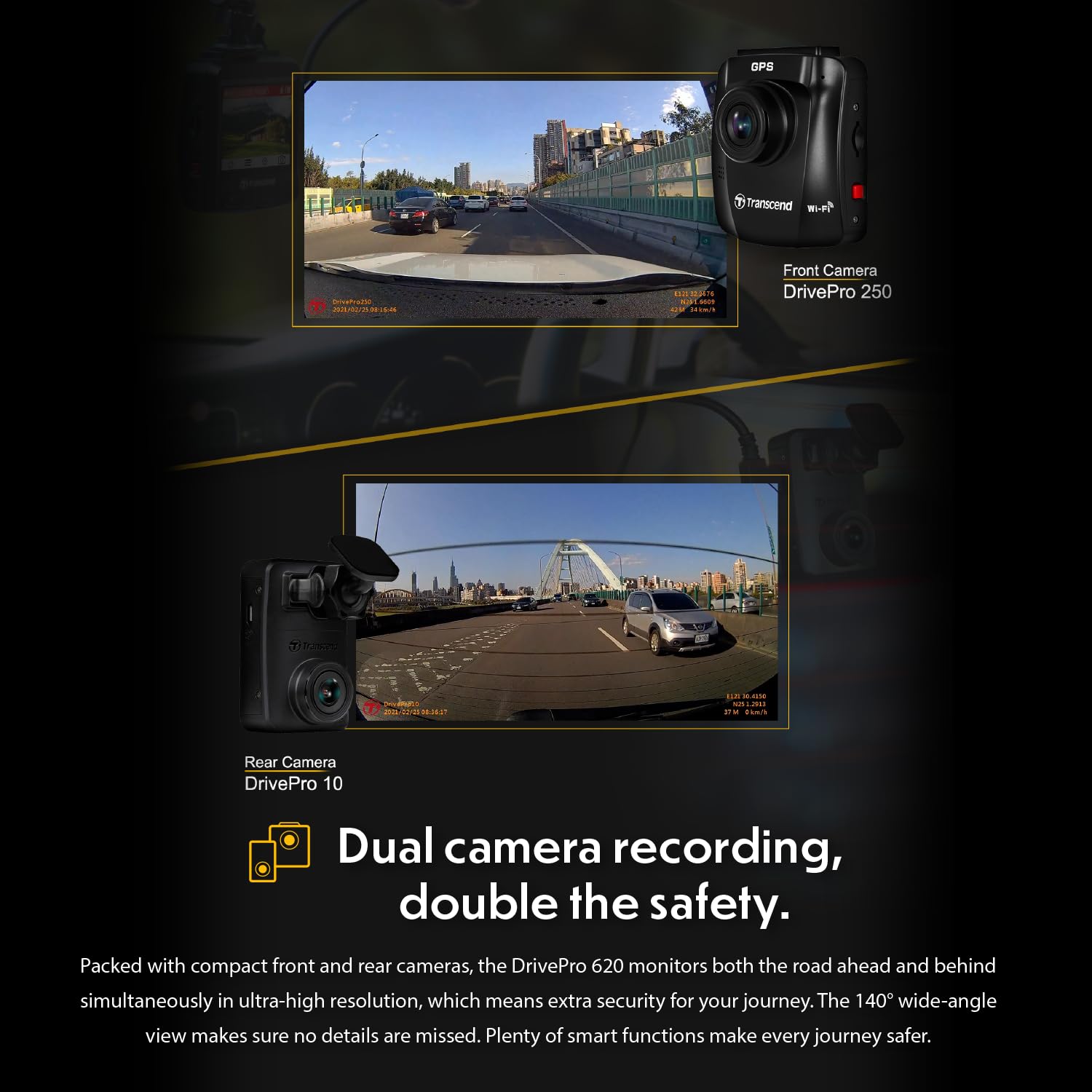 Transcend 64GB, Dual Camera Dash Cam Front and Rear Inside, 140 Wide-Angle, 2.4 Display, Built-in WiFi GPS,G-Sensor, Night Vision, Loop Recording, Parking Mode, ADAS, for Cars Taxi - TS-DP620A-64G - Image 6