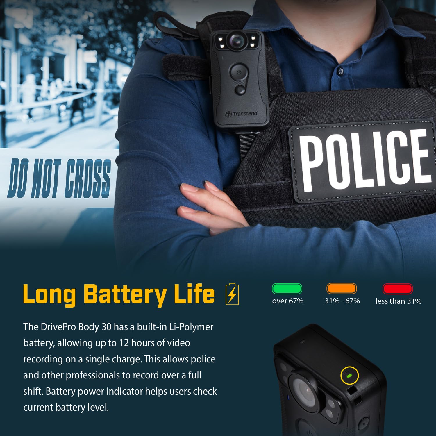 Transcend DPB30 DrivePro Body Camera 128GB, 1440P 2K QHD Body Worn Camera with Night Vision/Wi-FI/Bluetooth/IP67 Waterproof/12-Hour Battery Life, Ideal for Law Enforcement & Security - TS128GDPB30A - Image 6
