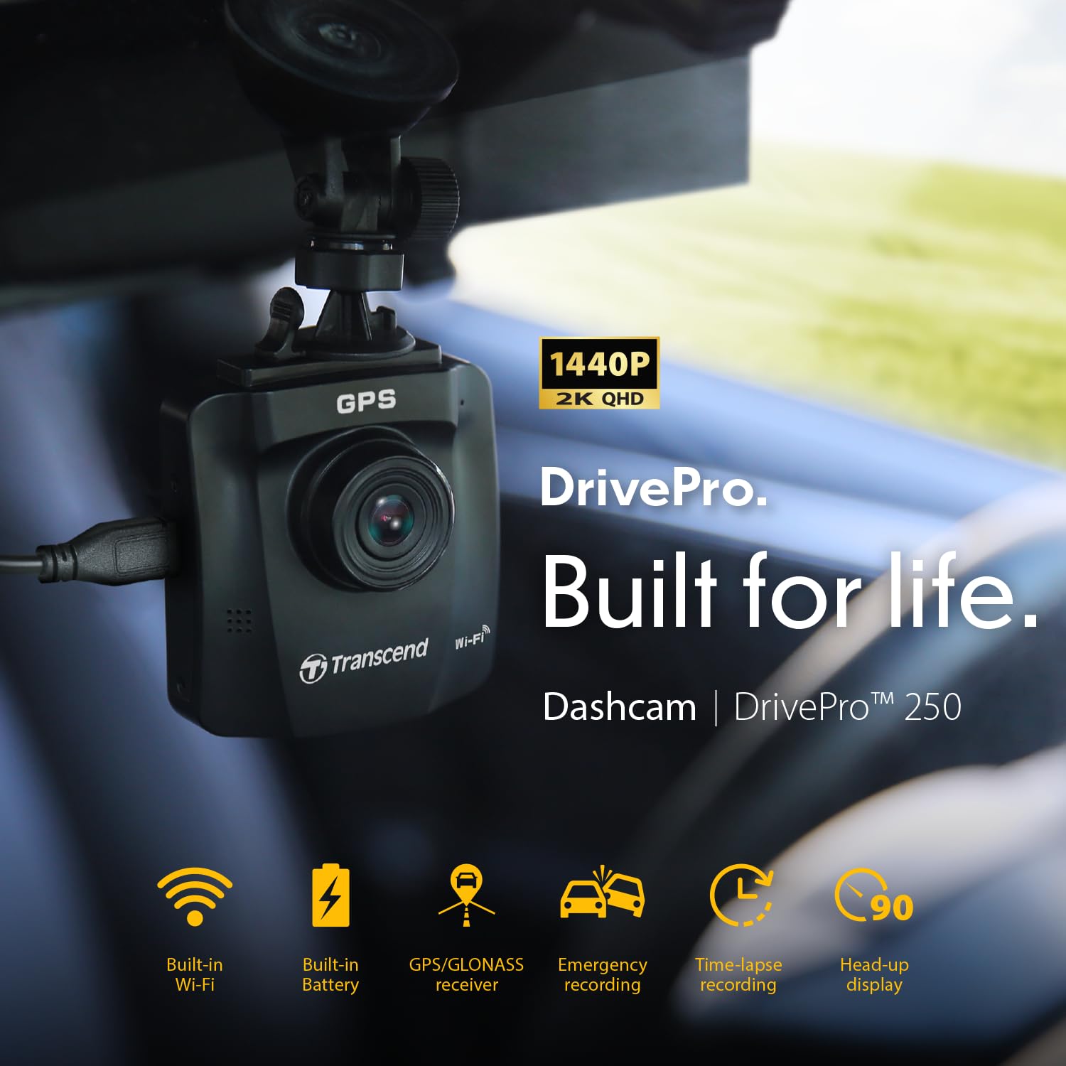 Transcend DrivePro 2K QHD 1440P Dash Cam Front, Support 1TB Max, Car Cam w/140°Wide-Angle/Handy Snapshot Button/G-Sensor/Night Vision Loop Recording/Head-Up Display/Wi-Fi GPS GLONASS/ADAS/Parking Mode - Image 3