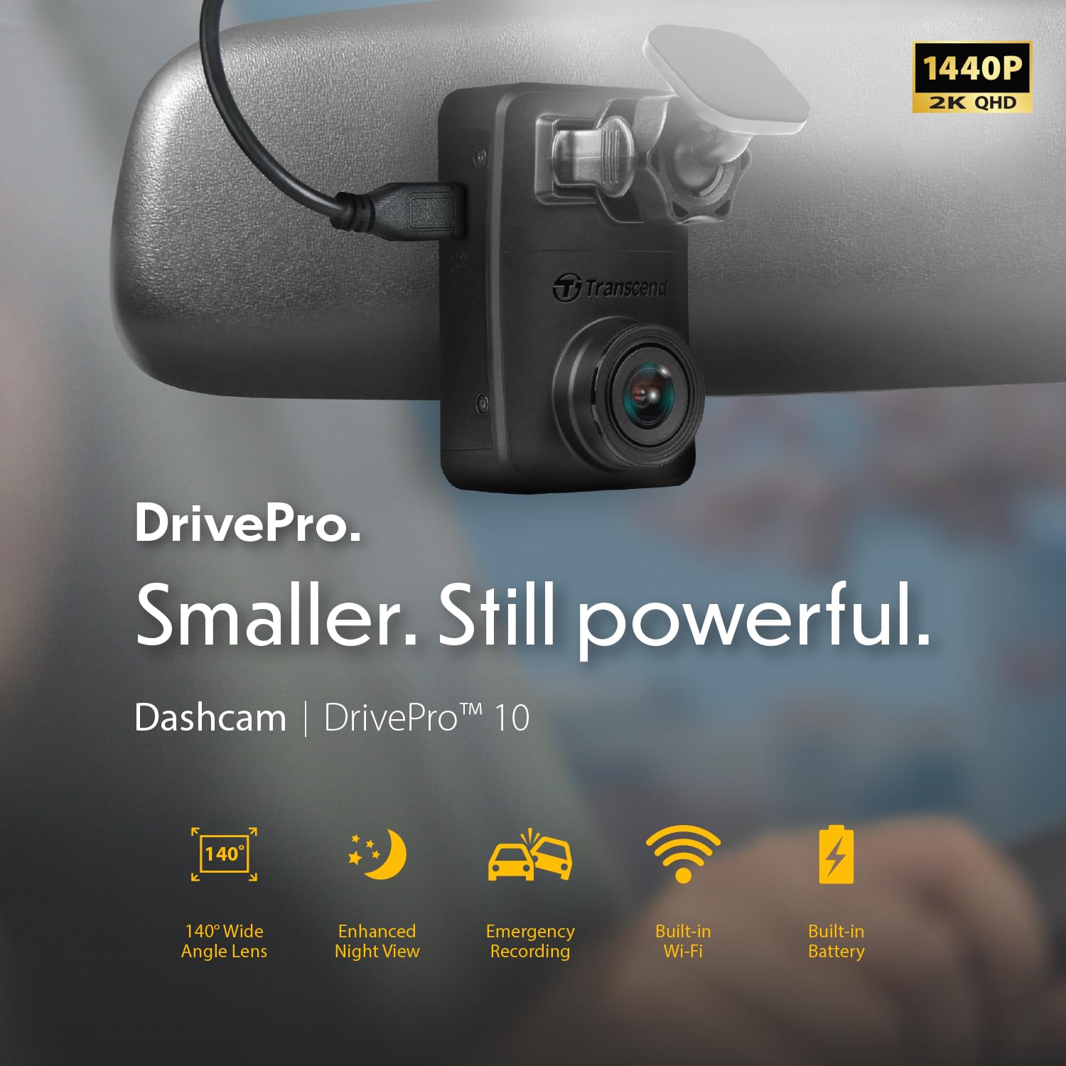Transcend DrivePro Dash DP10 Cam Front, 1440P 2K QHD Dash Camera for Cars, 64GB Card Included, with Super Night Vision/Wi-Fi/WDR/G-Sensor/Exclusive App/High-Sensitivity Image Sensor - Image 3