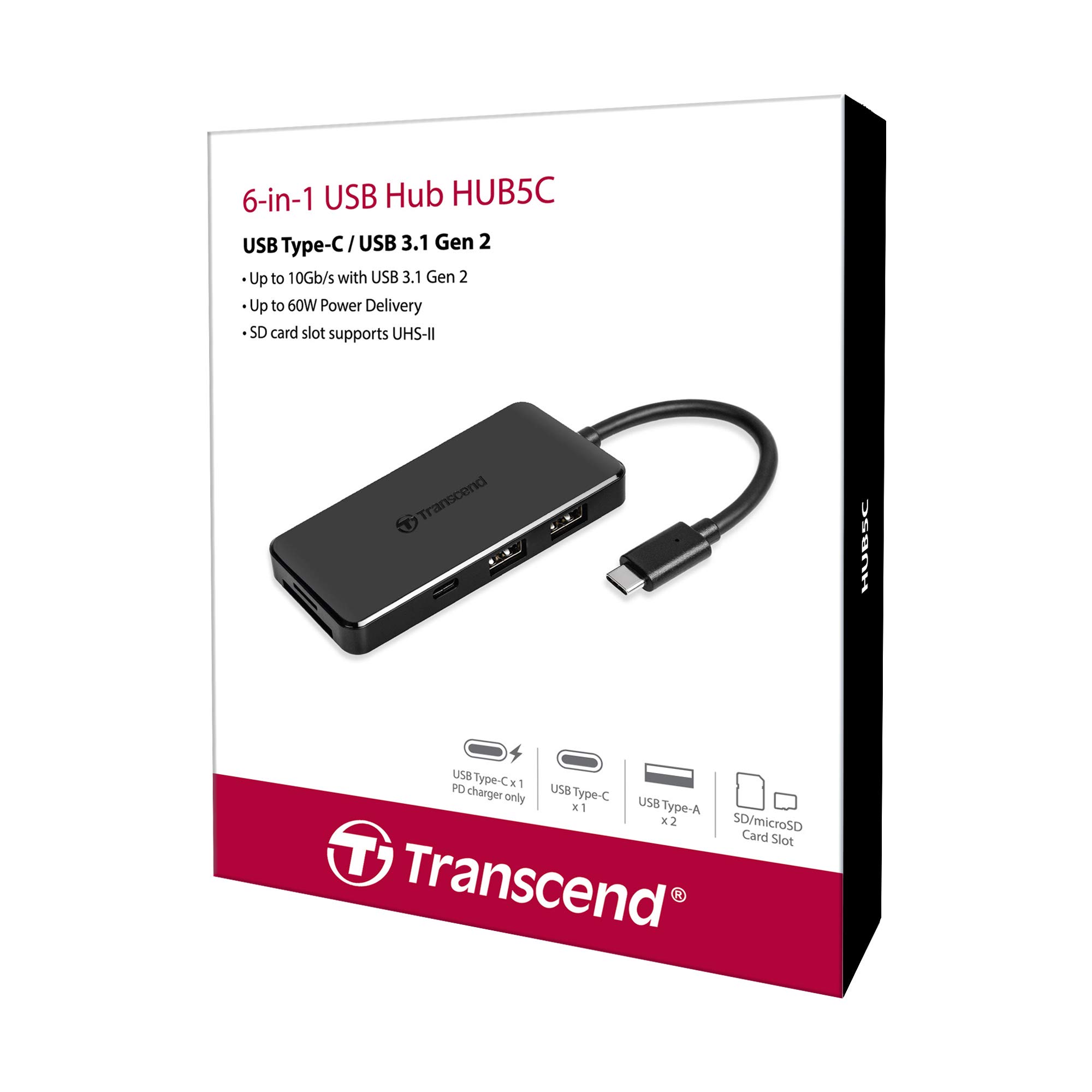 Transcend HUB 6 in 1 Hub, Type C, with 60W Power Delivery, 10Gbps USB C and 2 Type-A Ports, Micro SD and SD UHS-II Card Reader, for MacBook Pro, Labtop - TS-HUB5C - Image 5