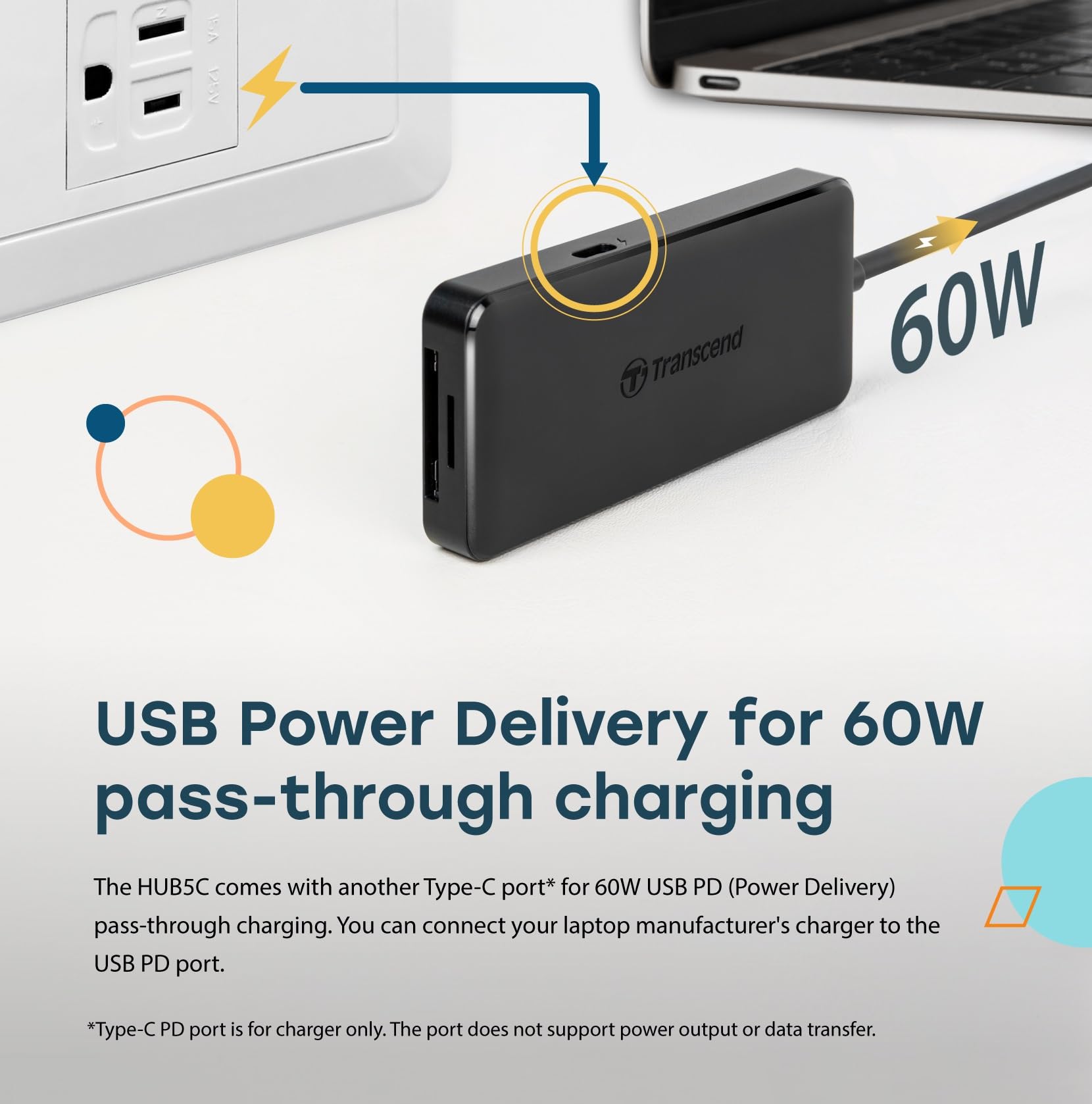 Transcend HUB 6 in 1 Hub, Type C, with 60W Power Delivery, 10Gbps USB C and 2 Type-A Ports, Micro SD and SD UHS-II Card Reader, for MacBook Pro, Labtop - TS-HUB5C - Image 6