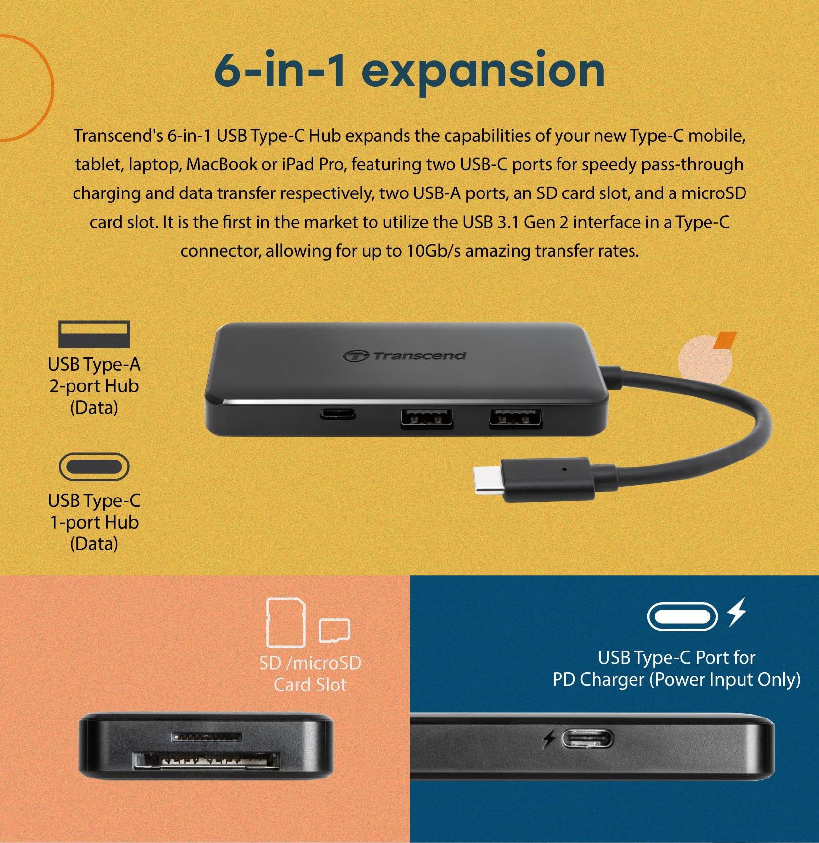 Transcend HUB 6 in 1 Hub, Type C, with 60W Power Delivery, 10Gbps USB C and 2 Type-A Ports, Micro SD and SD UHS-II Card Reader, for MacBook Pro, Labtop - TS-HUB5C - Image 8