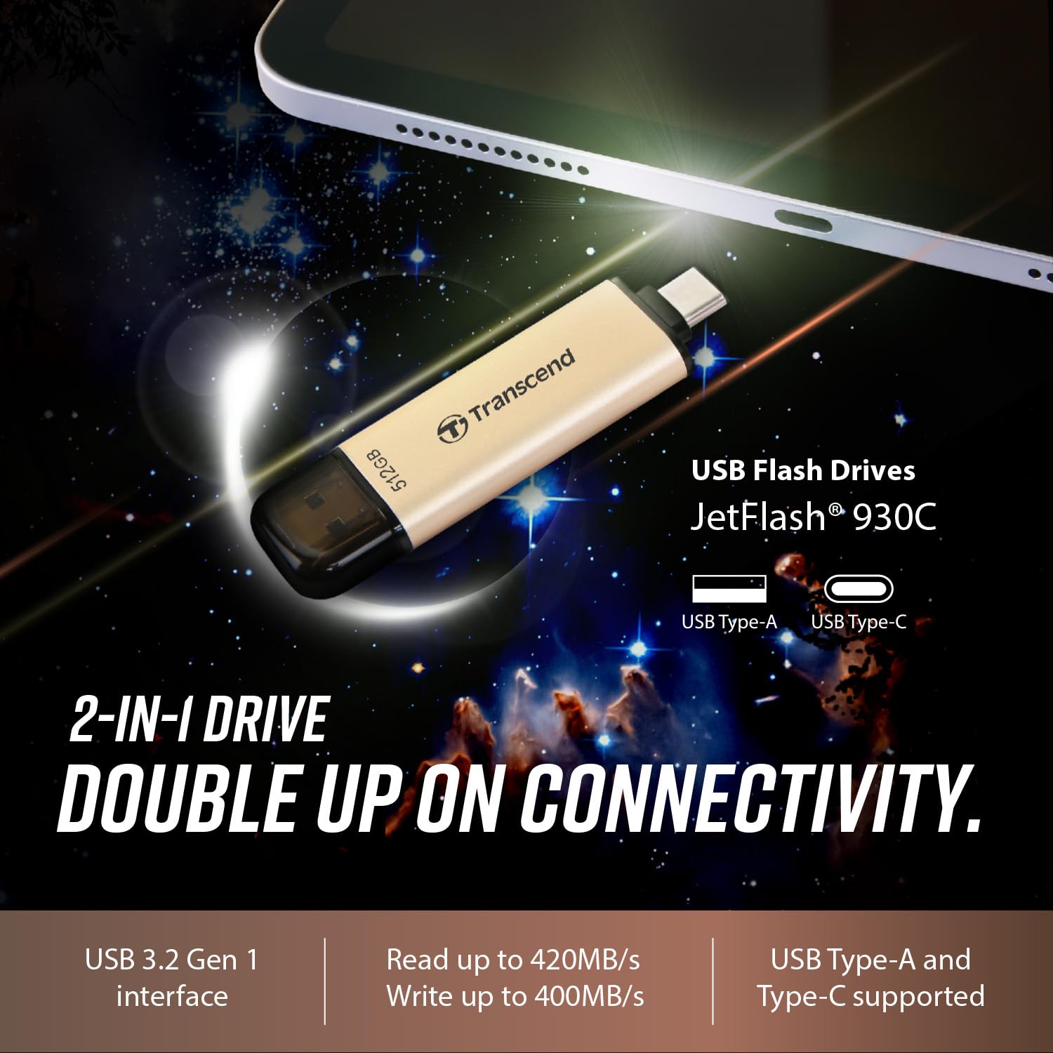 Transcend JF930 128GB Dual USB C Flash Drive for iPhone/iPad/Mac/Windows, Android/Tablet/PC/Gaming Console, Photo Stick Up to 420MB/s, USB 3.2 Thumb Drive, Memory Stick with 2-in-1 Type C &Type A - Image 3