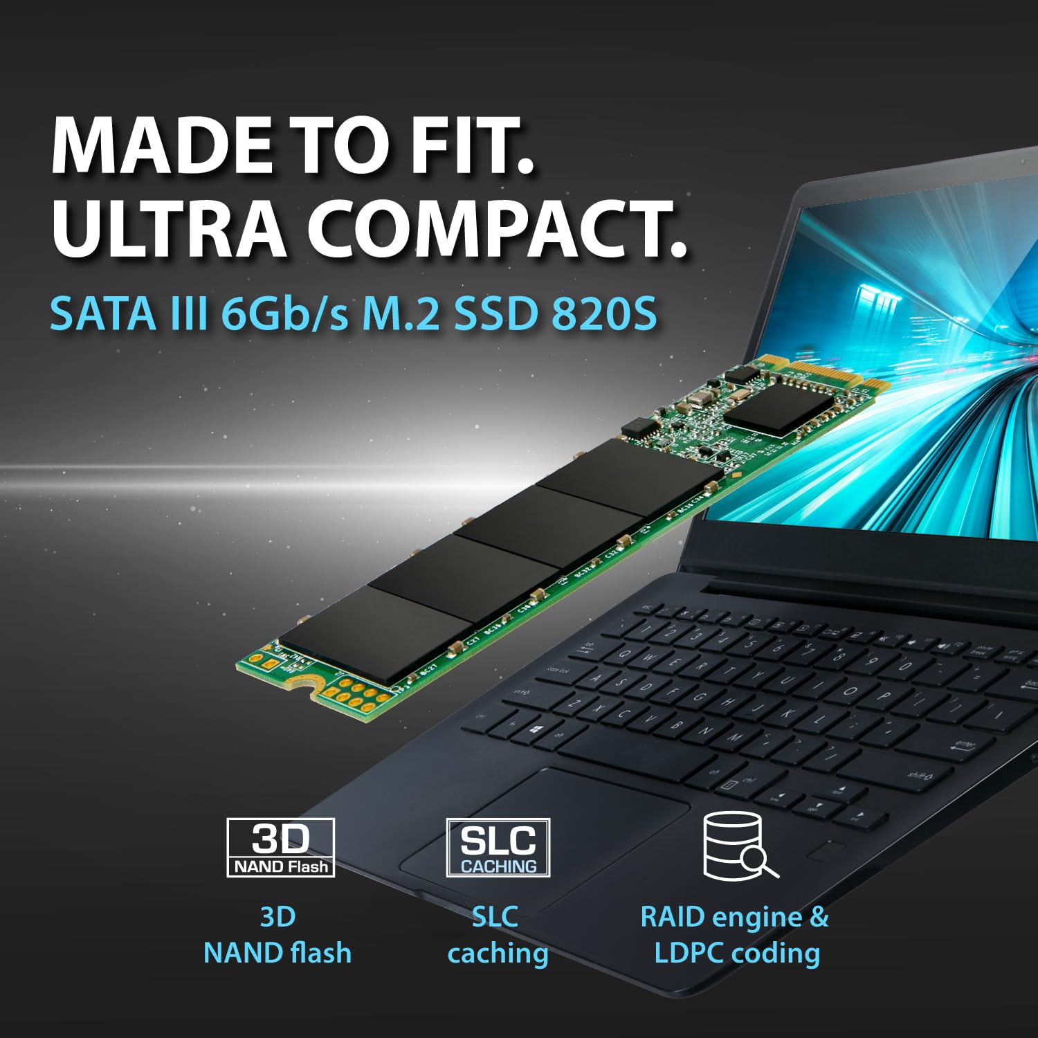 Transcend MTS820 120GB M.2 2280 SATA III SSD, Up to 500MB/s, Compatible w/Ultrabook Laptop PC Desktop, 3D TLC NAND Flash Internal Solid State Drive, LDPC/Error Correction ECC/B+M Key/SLC Cache - Image 3