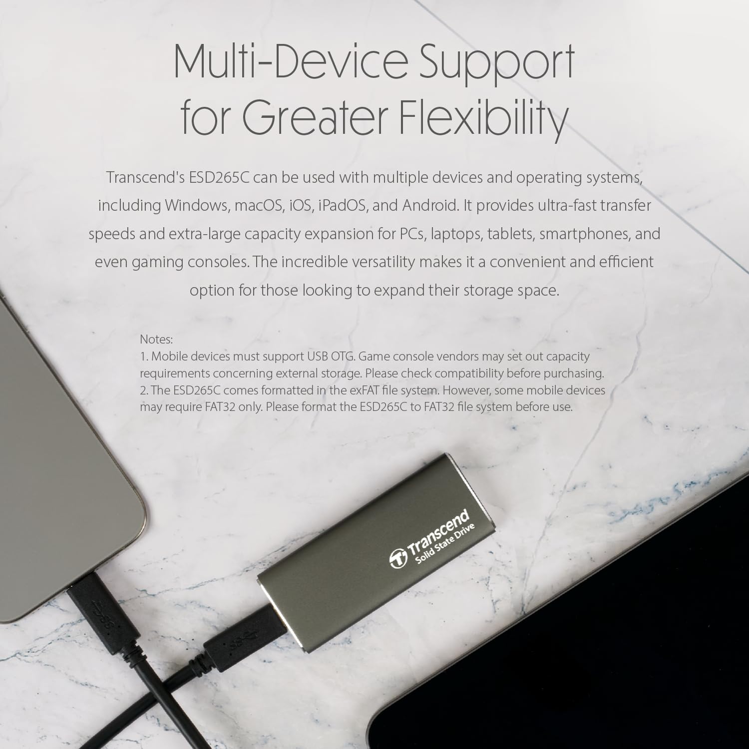 Transcend Portable SSD 500GB External Solid State Drives, up to 1050MB/s USB C SSD External Hard Drive USB 3.2 Gen 2 for iPhone, iPad, Windows, Mac, Android, Tablets, PS5, PS4, Xbox and Smart TV - Image 7