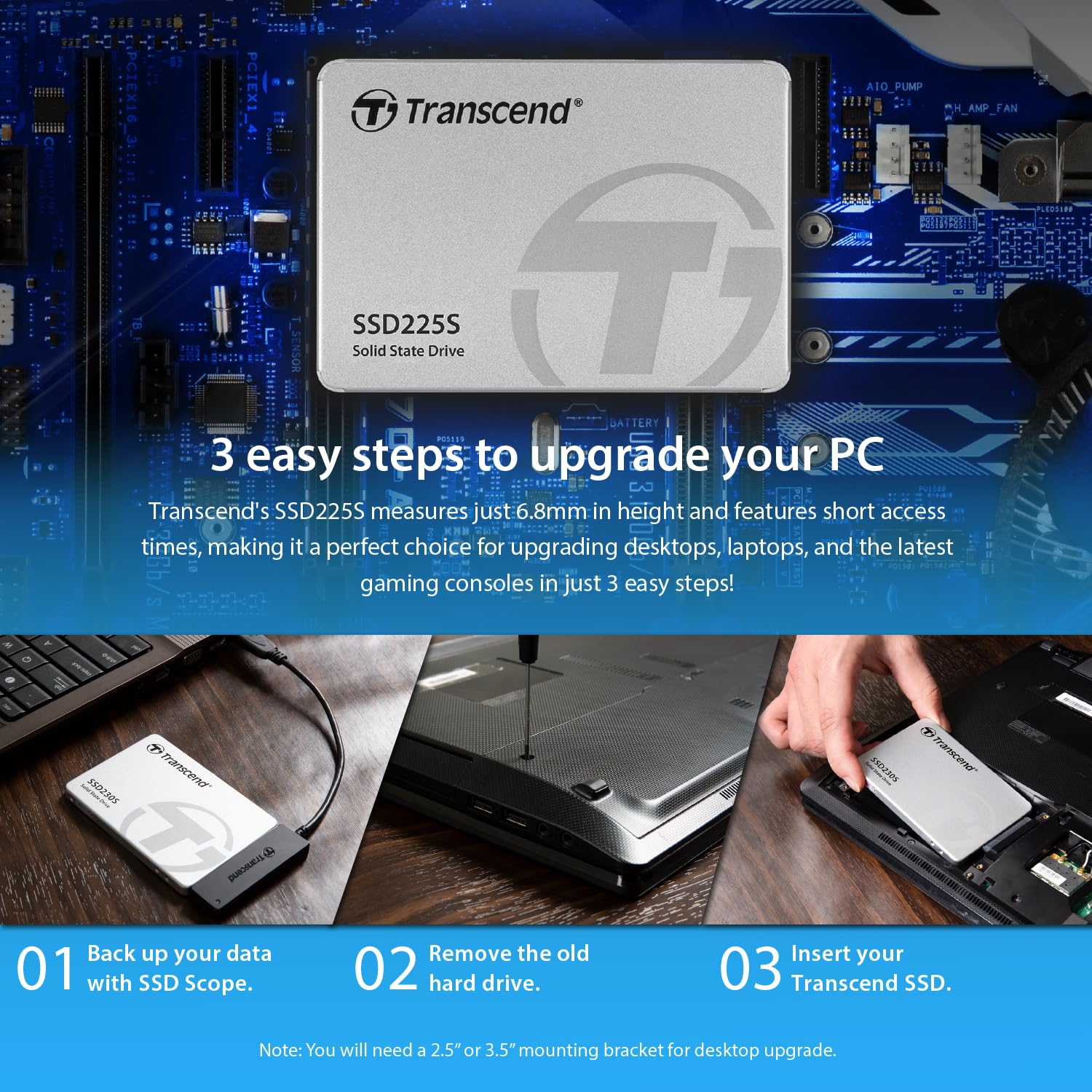 Transcend SSD225 1TB 2.5" SATA III 6Gb/s SSD, Up to 550MB/s, Compatible with PS4/Laptops/Desktops/PCs/Notebooks Upgrade, Internal Solid State Drive with SLC Cache/3D TLC NAND/RAID Engine/LDPC Coding - Image 8