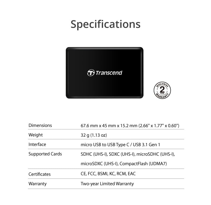 Transcend USB 3.1 Gen 1 Type-C All-in-1 Multi-Card Reader (CF/SD/SDHC/SDXC/microSD) - Image 9